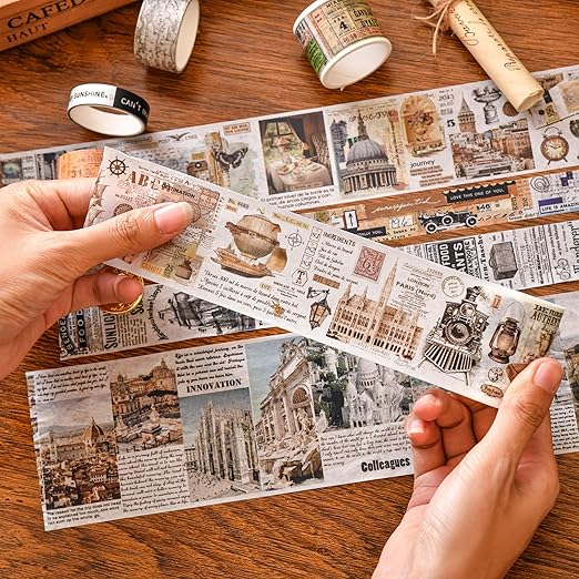 18 Rolls Vintage Washi Tape Pack Retro Arts Adhesive Tapes Wide Monologue Decorative Masking Tape Sets for Craft, Kids, Scrapbook, DIY, Gift Wrapping (Travel The World)