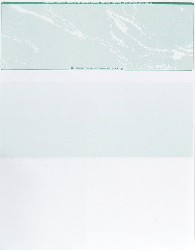 CheckOMatic Computer Check Paper - 100 Pack - Top Blank Stock Checks - Security Features & Laser Printer Compatible - Green Marble