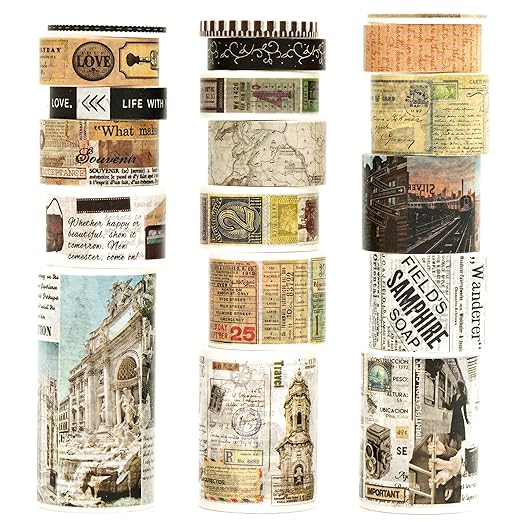 18 Rolls Vintage Washi Tape Pack Retro Arts Adhesive Tapes Wide Monologue Decorative Masking Tape Sets for Craft, Kids, Scrapbook, DIY, Gift Wrapping (Travel The World)