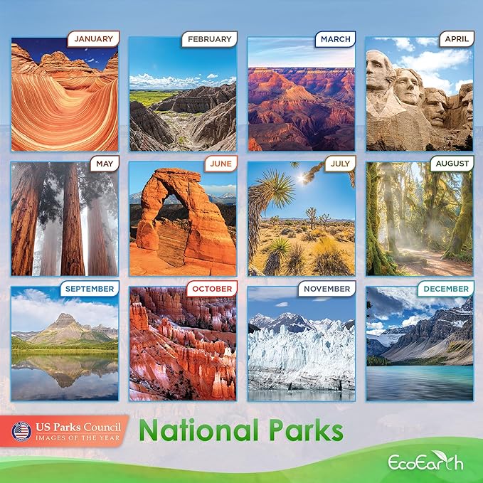 EcoEarth - Biodegradable 11x17 Inch (Open) 12-Month Vertical Hanging Wall Calendar - 2025 Monthly Calendar - National Parks