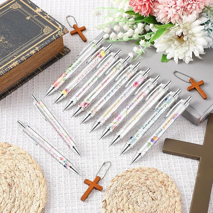 24 Pcs Spanish Christian Pens Regalos Cristianos En Español Bible Verse Ballpoint Pens with Inspirational Quote Spanish Christian Gifts for Religious Church Office School(Flower)
