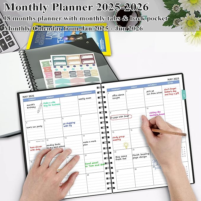 Monthly Planner 2025-2026 (7.4'' x 9.6''), 2025 Calendar 18 Months Planner from Jan 2025-Jun 2026, Academic Planner with Monthly Tabs & Pocket, Perfect for School & Work, 120GSM Thick Paper, Black
