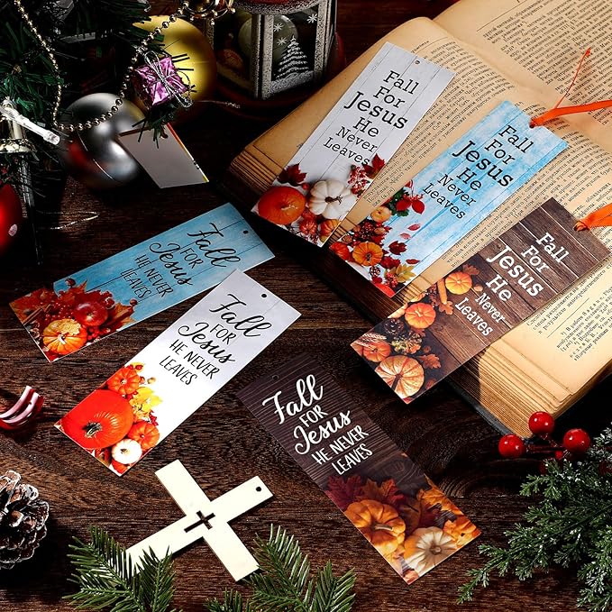 60 Pcs Fall for Jesus He Never Leaves Bookmark Religious Christian Bookmarks Autumn Thanksgiving Exchange Gifts for Church Home Party Favors