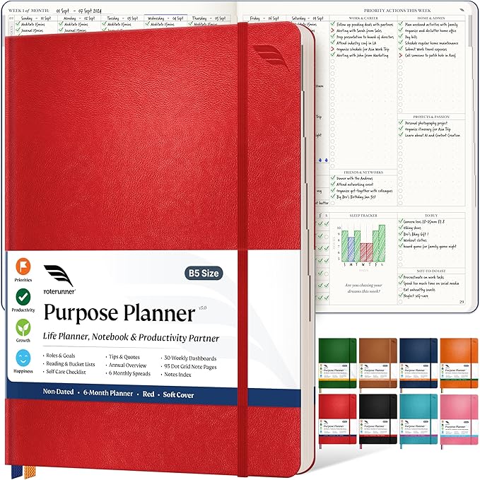 Roterunner Softcover Purpose Planner Notebook B5 7.5 x 9.8 Undated Daily Planner 2024-2025 Daily Weekly and Monthly Productivity Planner Life Planner ADHD Planner for Adults Self Care Journal
