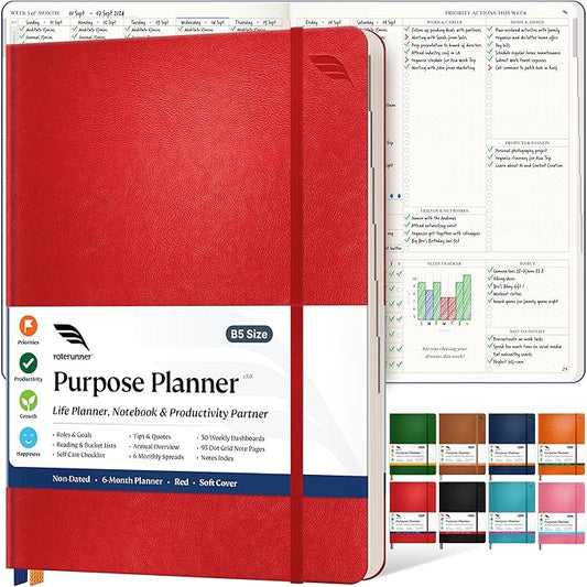 Roterunner Softcover Purpose Planner Notebook B5 7.5 x 9.8 Undated Daily Planner 2024-2025 Daily Weekly and Monthly Productivity Planner Life Planner ADHD Planner for Adults Self Care Journal