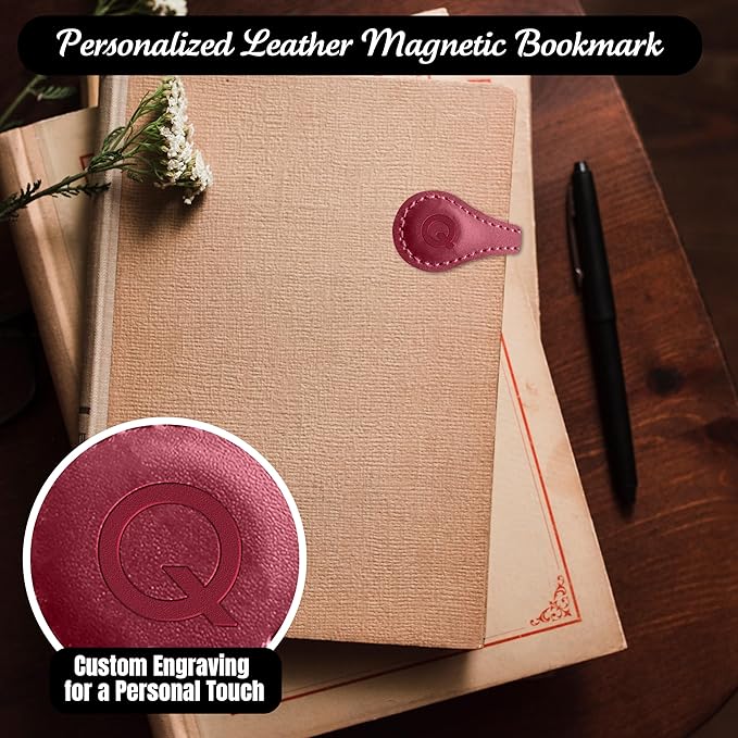 Personalized Leather Magnetic Bookmarks (1 Pack) Vintage Custom Engraved Initial ID Identification Book Marker Clip Gift for Book Lover Avid Readers (Letter Q, Red)