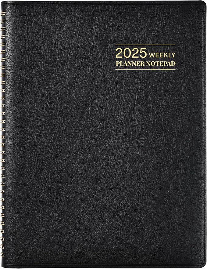 2025 Planner - Weekly & Monthly Planner Notepad 2025, 11.38'' x 8.74'', JAN. 2025 - DEC. 2025, Appointment Book, 60 Minutes Intervals, Tabs, Faux Leather Cover, Spiral Bound, Back Pocket - Black
