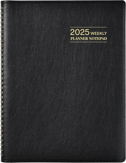 2025 Planner - Weekly & Monthly Planner Notepad 2025, 11.38'' x 8.74'', JAN. 2025 - DEC. 2025, Appointment Book, 60 Minutes Intervals, Tabs, Faux Leather Cover, Spiral Bound, Back Pocket - Black