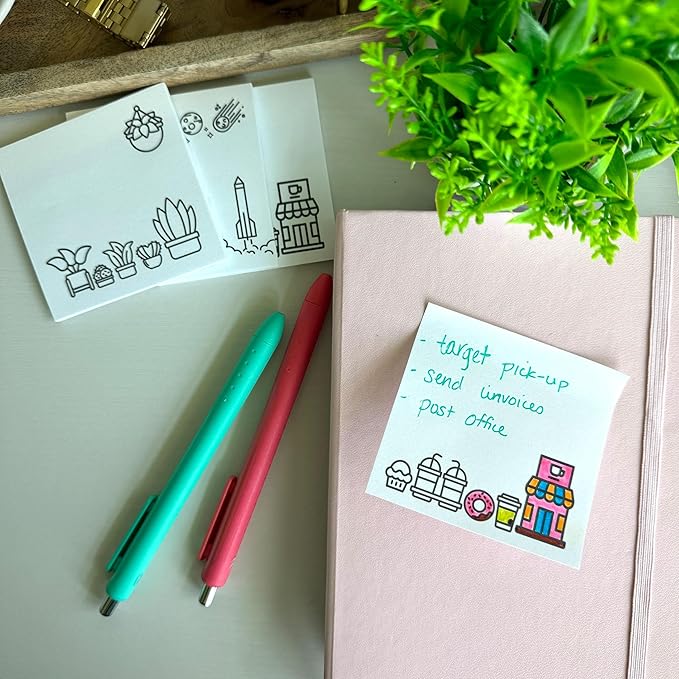 A Brighter Year Color Your Own Post-It Notes Bundle - 3 Sticky Note Pads - 3” x 3” Self Stick Notes - Coffee, Plant, & Space Themes -School, Office, Home, Travel, Notebook - Relaxation, Stress Relief