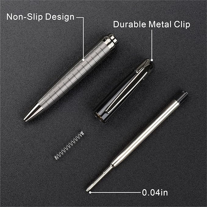 Cambond Metal Pens - Bulk Black Pens with 6 Refills (Silver with Black), 1.0 mm Medium Point for Journaling, Gifting, Business, Men, Police, Flight Attendants