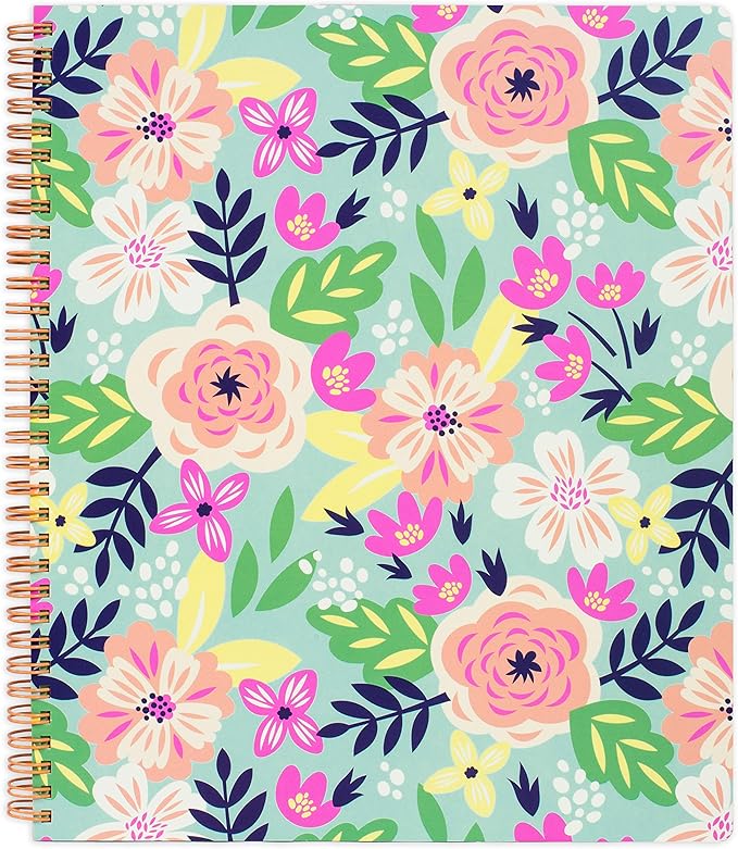 Steel Mill & Co Cute Large Spiral Notebook College Ruled, 11" x 9.5" with Durable Hardcover and 160 Lined Pages, Mint Floral
