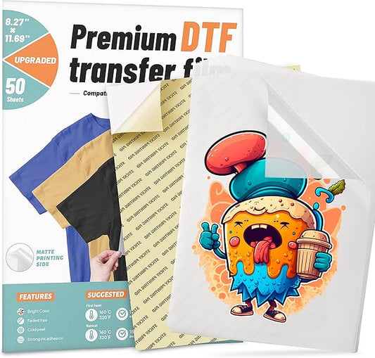DTF Transfer Film, 50 Sheets 8.5"*11" DTF Paper with Smart Printing Pad for All Sublimation&DTF Printers,DTF Film for Sublimation Hack,Upgraded Premium Direct to Film for All Fabrics