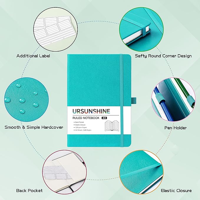 Ruled Notebook/Journal - Classic Lined Journal/Notebook, Hardcover with Thick Paper, 5.3" x 8.26", Banded + Pen Holder +Inner Pocket - Cyan
