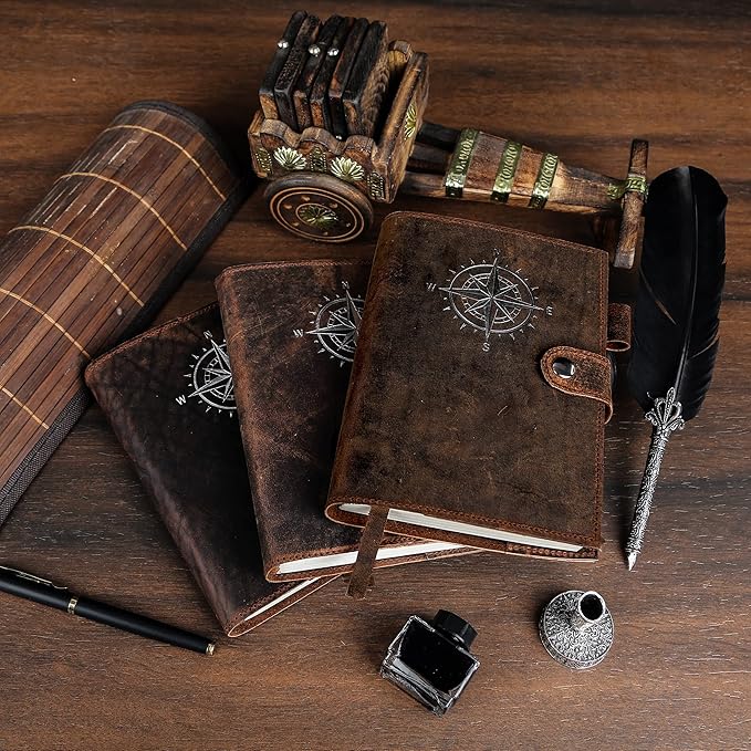 Leather Journal For Men & Women - Premium Refillable Lined Compass Leather Notebook With Pen, Coin & Pen Slot, Leather Bookmark - Journals For Writing - Travel Journal - Diary - Daily Journal 240 page