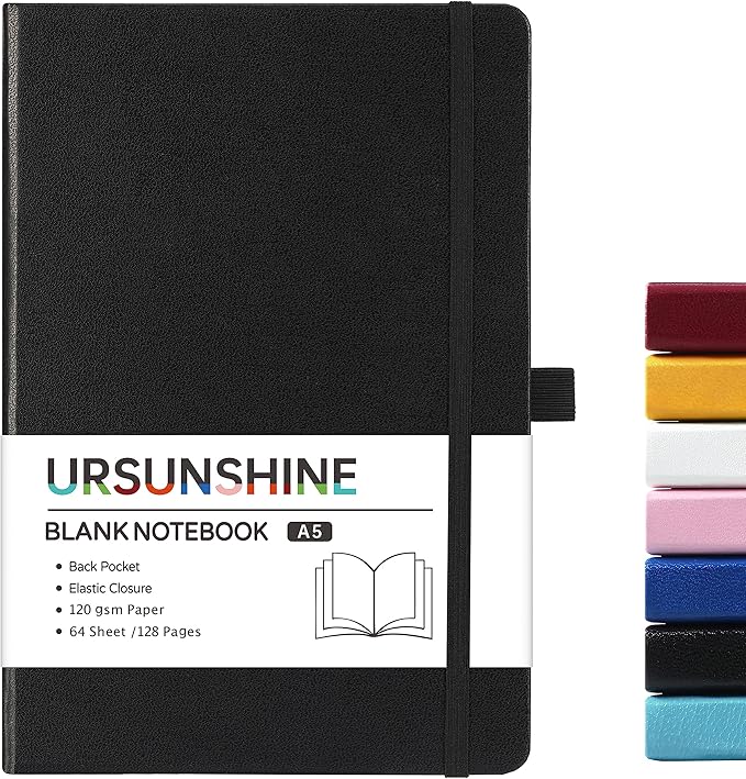 Blank Journal/Notebook - Classic Notebook/Journal with Ribbon Divider, Hardcover with Thick Paper, 5.7" x 8.4", Banded + Pen Holder +Inner Pocket - Black