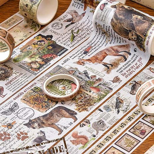 18 Rolls Vintage Washi Tape Pack Retro Arts Adhesive Tapes Wide Monologue Decorative Masking Tape Sets for Craft, Kids, Scrapbook, DIY, Gift Wrapping (Jungle Trails)