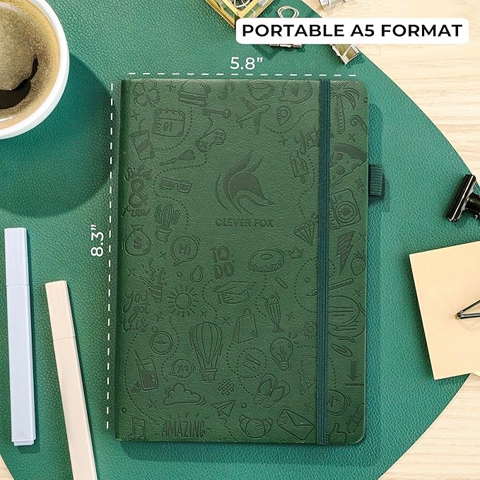 Clever Fox Dotted Journal 2.0 – Compact Planning and Sketching Dot Grid Notebook 120 GSM Thick, No-Bleed Paper – Planner with Pen Loop, Pocket, Ribbons, Stickers A5 - Forest Green