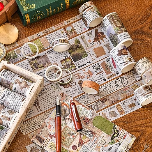 18 Rolls Vintage Washi Tape Pack Retro Arts Adhesive Tapes Wide Monologue Decorative Masking Tape Sets for Craft, Kids, Scrapbook, DIY, Gift Wrapping (Misty Forests)
