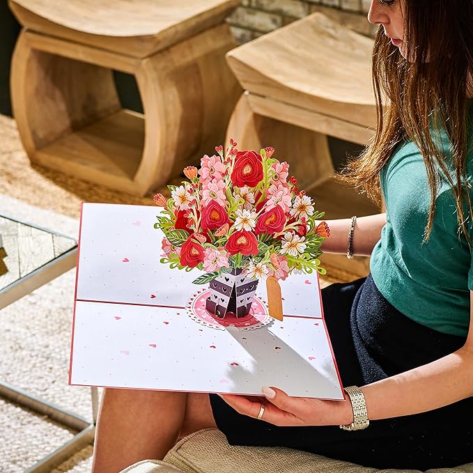 Paper Love HugePop 3D Lovely Flower Vase Pop Up Card, with Detachable Paper Flower Bouquet, For Birthday, All Occasions - Jumbo 10" x 14" Cards - Envelope and Note Tag