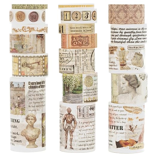 18 Rolls Vintage Washi Tape Pack Retro Arts Adhesive Tapes Wide Monologue Decorative Masking Tape Sets for Craft, Kids, Scrapbook, DIY, Gift Wrapping (Story Collections)