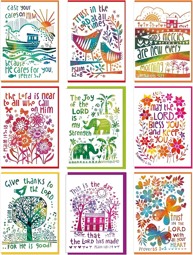 Christian greeting cards with Scripture, 9 in this pack of thinking of you cards religious, blank inside, hand drawn by British artist Jacqui Grace (Multicolored / CH438)