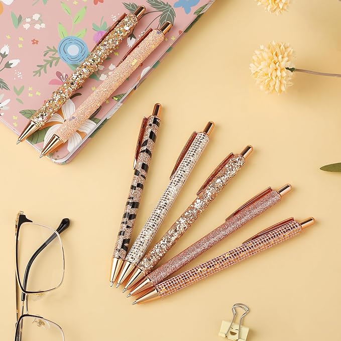 Mr. Pen- Fancy Pens for Women, 7 Black Ink Ballpoint Pens with 10 Refills, 1.0mm, Rose Gold Reverie, Glitter Cute Pens for Journaling, Sparkly Fancy Pen, Easter Gift