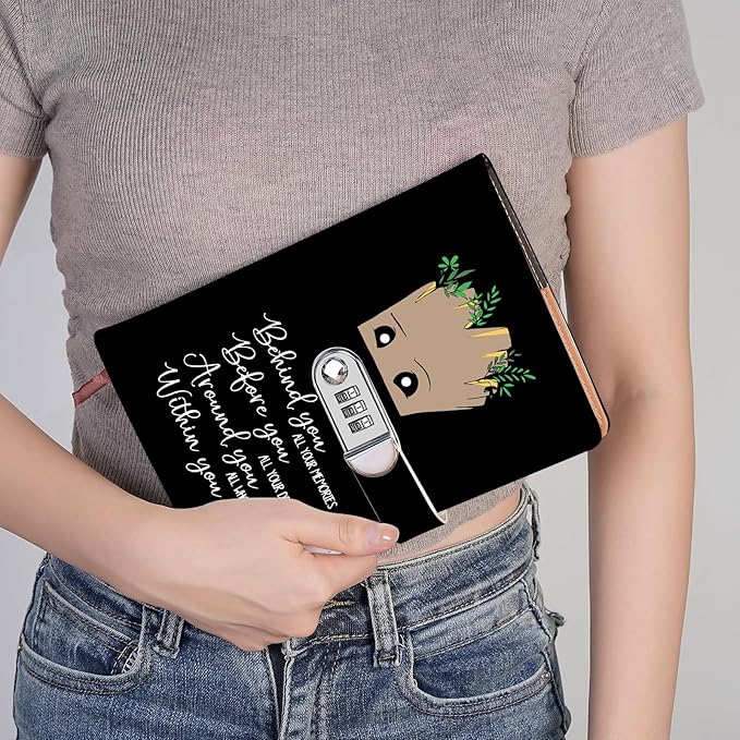 Funny Groot Gifts Leather Combination Lock Notebook Always Remember You’re Braver Than You Believe Leather Locked Journal Notebook Birthday Gifts for Daughter Son (behind you)