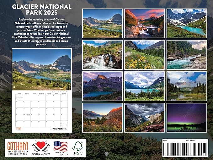 Glacier National Park Calendar 2025 Monthly Wall Calender Montana Nature 12 Month | American Made In The USA
