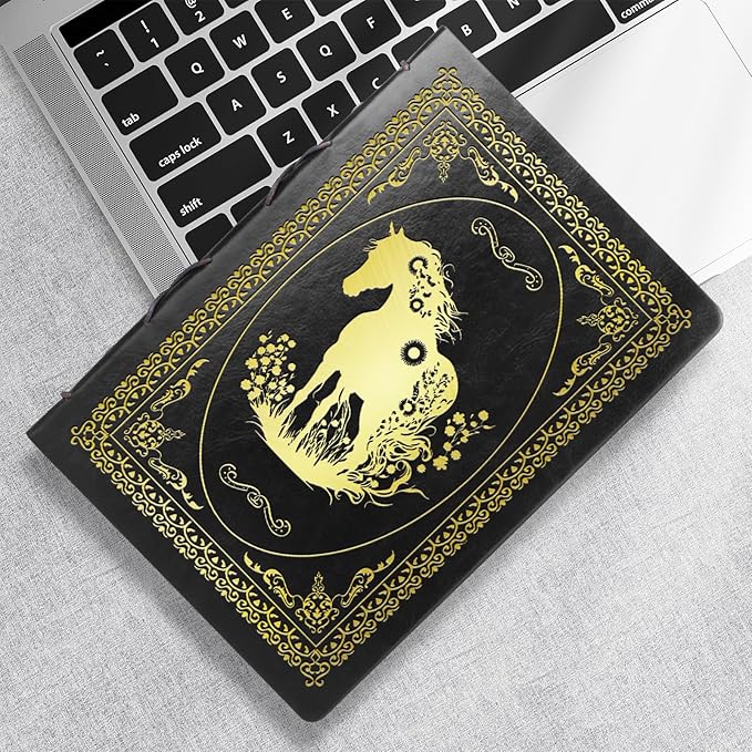 Black A5 Horse Gifts for Women Girls Faux Leather Vintage Notebook Inspirational Horse Trainer Gift Hardcover Executive Notebook,200 Pages 120 Gsm Thick Ruled Paper With Pen,Horse Lover Gifts Equestrian Gift (Horse Black)