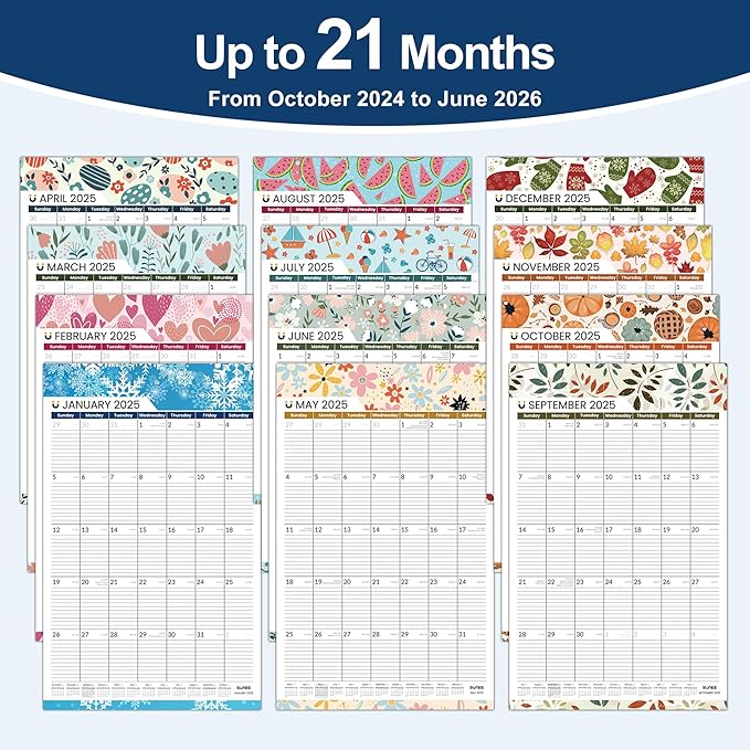 SUNEE 2025 Wall Calendar Extra Large 17"x27" with Lines, 21 Month Calendar from Now to June 2026, Vertical Large Monthly Calendar 2025-2026 for Wall, Seasons Color