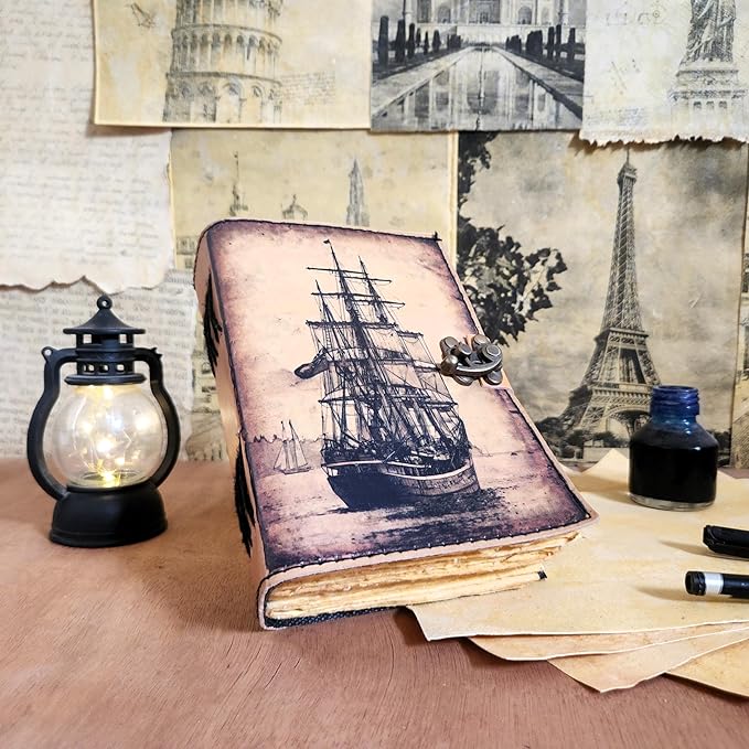 Large Sailing Ship Leather Journal Dairy Notebook Sketchbook | 200 Deckle Papers | C-Shape Lock for Closure (10*7 inch)