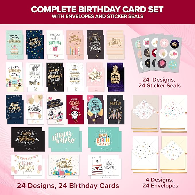 Decorably 24 Pack Foiled and Glittery Assorted 6x4in Box of Birthday Cards with Envelopes and Stickers, 24 Unique Designs Birthday Card Pack with Printed Message Inside