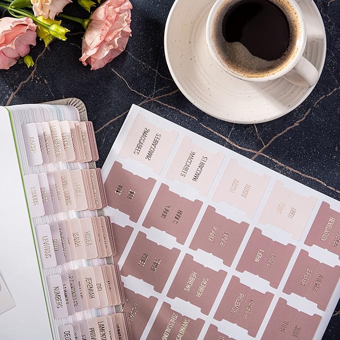 DiverseBee Laminated Bible Tabs (Rose Gold Embossed Lettering), Bible Journaling Supplies, Bible Book Tabs, Christian Gift, 73 Bible Tabs for Women and Men, Includes 4 Blank Tabs (Pearl)