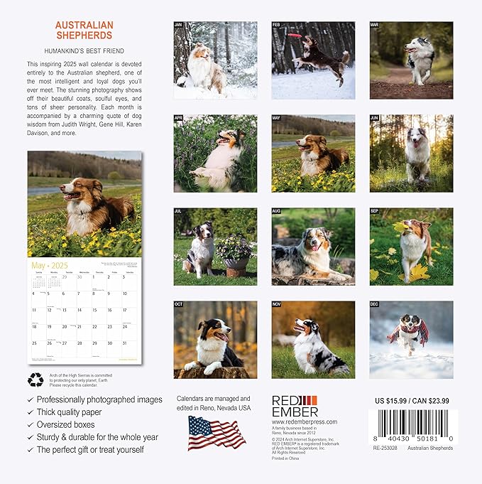 RED EMBER Australian Shepherds 2025 Wall Calendar 12 Month | 12" x 24" Open | Thick & Sturdy Paper | Giftable | Calendar 2025