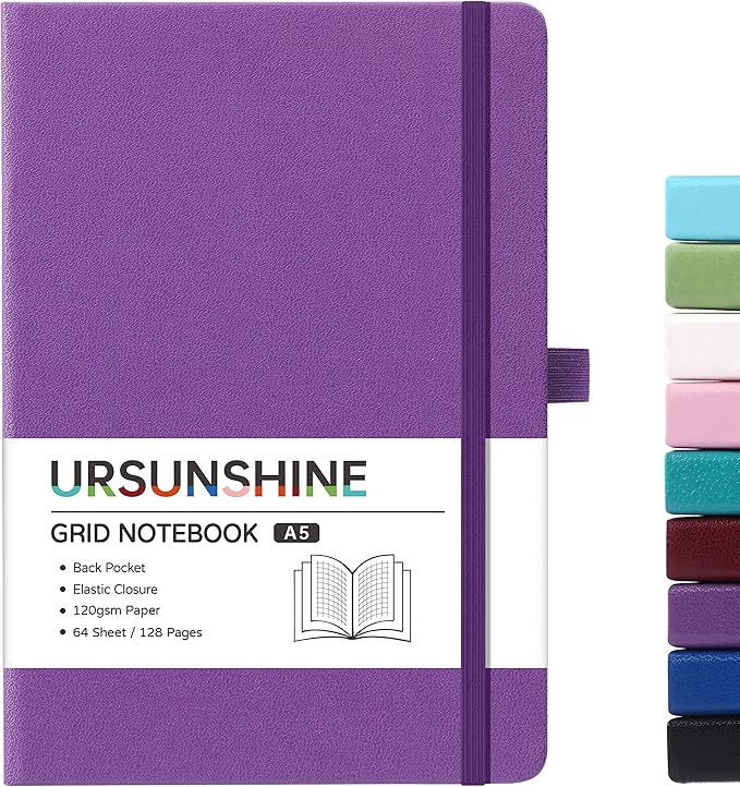 Graph Grid Paper Notebook/Journal - Classic Journal/Notebook with Ribbon Divider, Hardcover with Thick Paper, 5.3" x 8.26", Banded + Pen Holder +Inner Pocket - Purple
