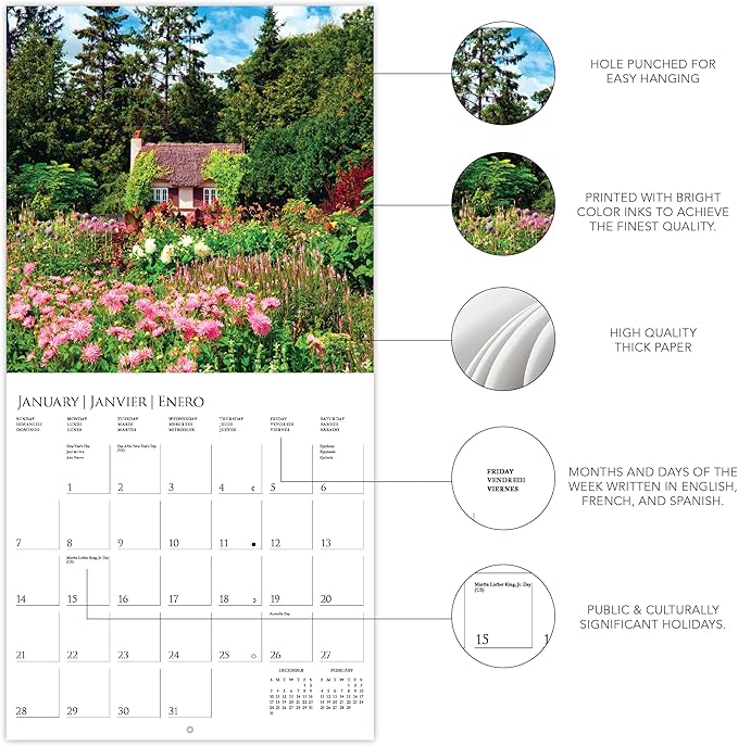 Graphique 2024 In the Garden Wall Calendar | 12” x 12” | Thick Paper | Home & Office Organizer | Large Monthly Grid | 3 Languages & Marked Holidays | 4 Month Preview Page for 2025