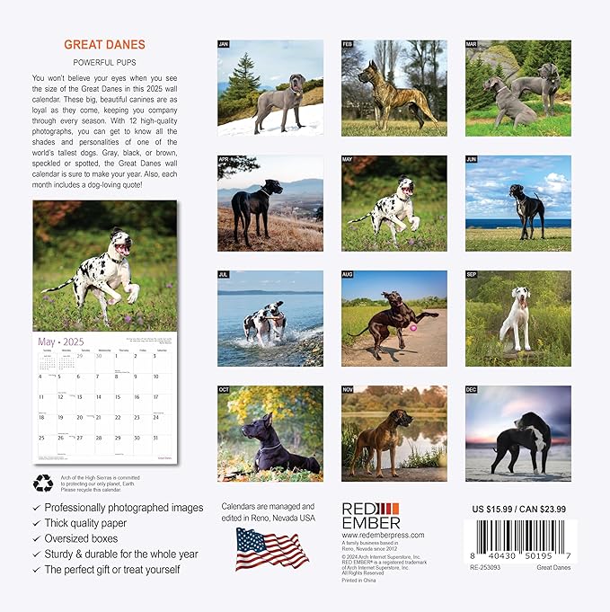 RED EMBER Great Danes 2025 Wall Calendar 12 Month | 12" x 24" Open | Thick & Sturdy Paper | Giftable | Calendar 2025