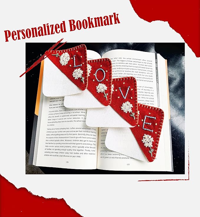 Personalized Hand Embroidered Corner Bookmark, Bookmarks for Women, Personalized Bookmark for Books, Cute Flower Book Mark, Hand Stitch Gift for Women for Book Lovers by HNQCPCVU (B, RED)