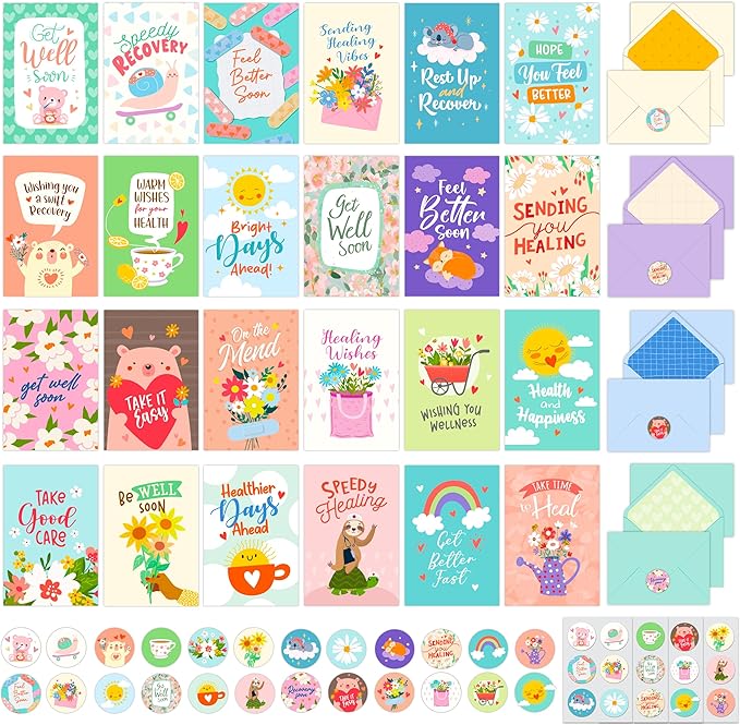 Decorably 24 Pack 4x6in Cute Get Well Cards Assortment Box with Envelopes and Stickers, 24 Unique Designs Get Well Soon Cards with Printed Message Inside