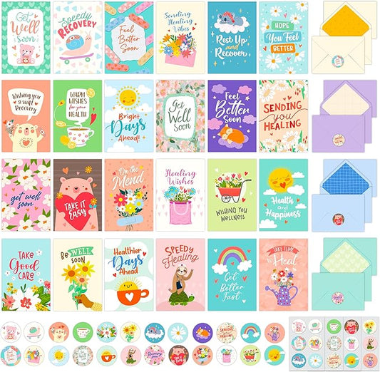 Decorably 24 Pack 4x6in Cute Get Well Cards Assortment Box with Envelopes and Stickers, 24 Unique Designs Get Well Soon Cards with Printed Message Inside