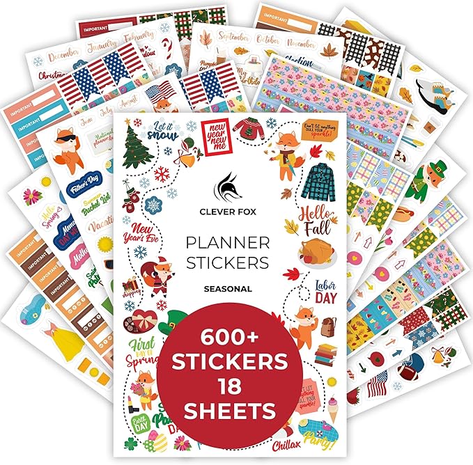 Clever Fox Seasonal Planner Stickers – 600+ Month, Holiday & Seasons Stickers for Your Planner, Monthly Journal & Calendar – 18 Sheets, Set of Stickers & Washi Tape by Clever Fox (Seasonal Pack)