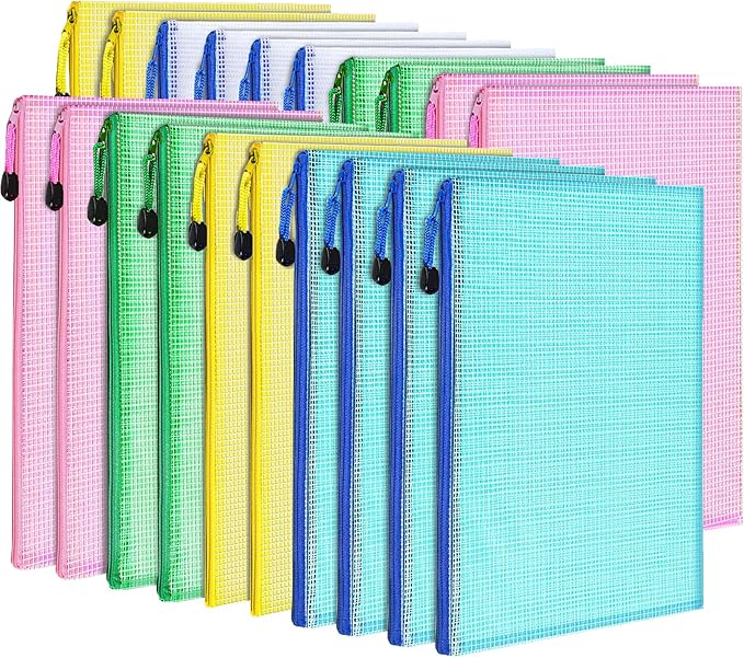 LEOBRO 20PCS Mesh Zipper Pouch, A4 Letter Size Mesh Bags with Zipper, Document Bags, Plastic Envelopes Zip File Folders, Storage Bags for Organization, Travel, File Jackets & File Pockets