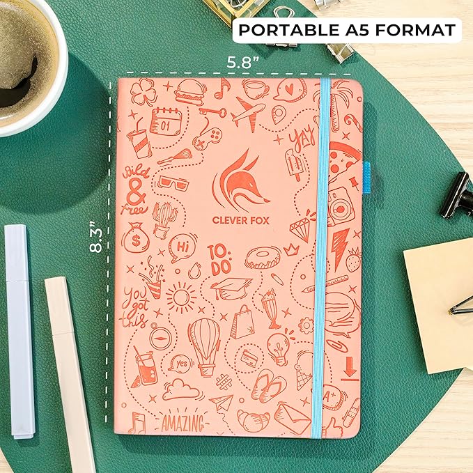 Clever Fox Dotted Journal 2.0 – Compact Planning and Sketching Dot Grid Notebook 120 GSM Thick, No-Bleed Paper – Planner with Pen Loop, Pocket, Ribbons, Stickers A5 - Light Pink