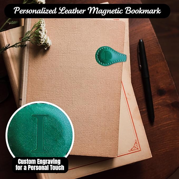 Personalized Leather Magnetic Bookmarks (1 Pack) Vintage Custom Engraved Initial ID Identification Book Marker Clip Gift for Book Lover Avid Readers (Letter I, Green)