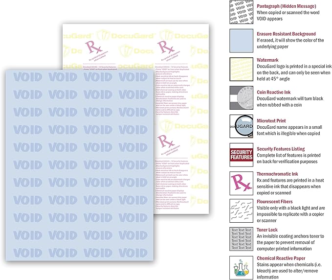 DocuGard Premier Medical Security Paper for Printing Prescriptions and Preventing Fraud, CMS Approved, 10 Security Features, Laser and Inkjet Safe, Blue, 8.5 x 11, 24 lb., 500 Sheets (04543)