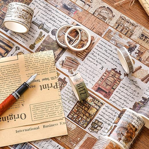 18 Rolls Vintage Washi Tape Pack Retro Arts Adhesive Tapes Wide Monologue Decorative Masking Tape Sets for Craft, Kids, Scrapbook, DIY, Gift Wrapping (Past Events)