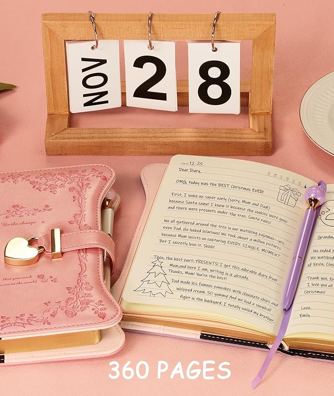 Diary with Lock and Keys for Girls Gift Ideas, 360 Gold Edged Pages Journal for Women, B6 Refillable Notebook for Writing with Pen and Bookmark (Garden Matcha)