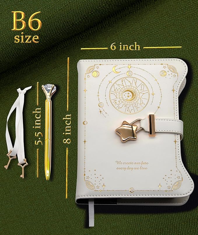 Diary with Lock and Keys for Girls Gift Ideas, 360 Gold Edged Pages Journal for Women, B6 Refillable Notebook for Writing with Pen and Bookmark (Astro White)