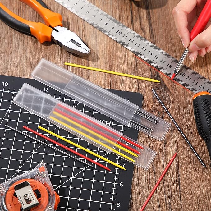 Hiboom 2 Pack Solid Carpenter Pencil with 14 Refill, Long Nosed Deep Hole Mechanical Pencil Marker with Built-in Sharpener for Carpenter Woodworking Architect with Design Patent (Black, Red)