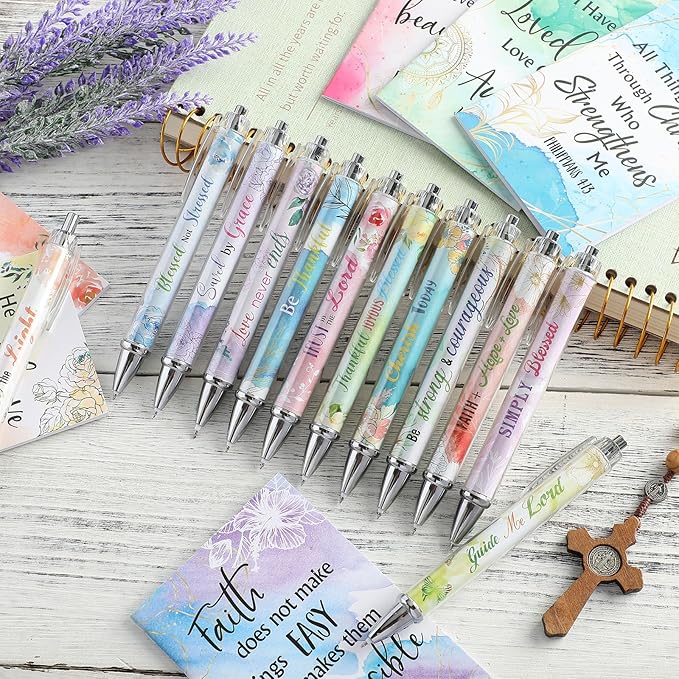 Colarr 24 Pcs Christian Bulk Gifts for Women Men Bible Verse Pens and Notebooks Religious Easter Gifts Scripture Ballpoint Pens Journals Sunday School Church Inspirational Study Supplies(Flower)